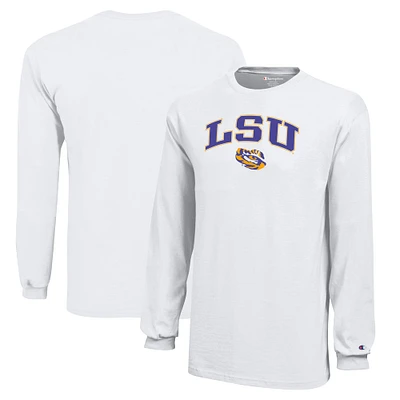 T-shirt blanc à manches longues avec logo LSU Tigers Arch Over Champion pour jeunes
