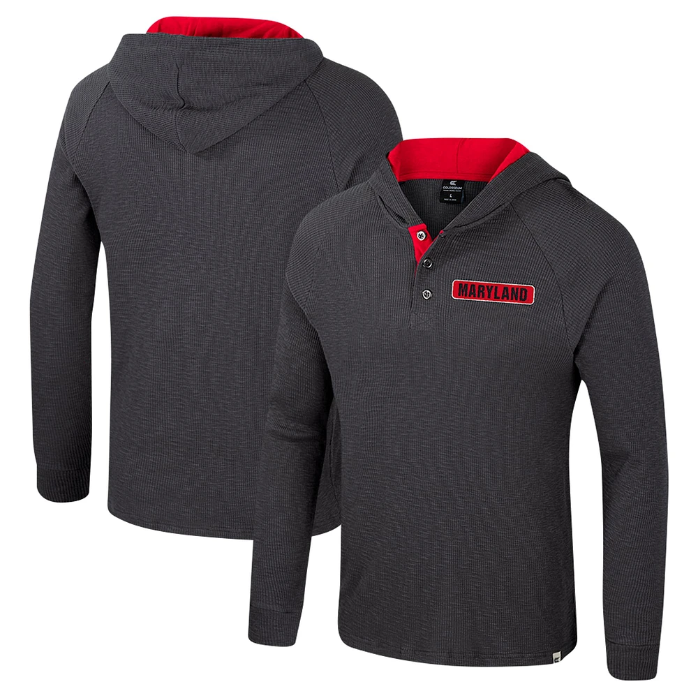 T-shirt à capuche manches longues Henley pour homme Colosseum Charcoal Maryland Terrapins Dujour Ralgan