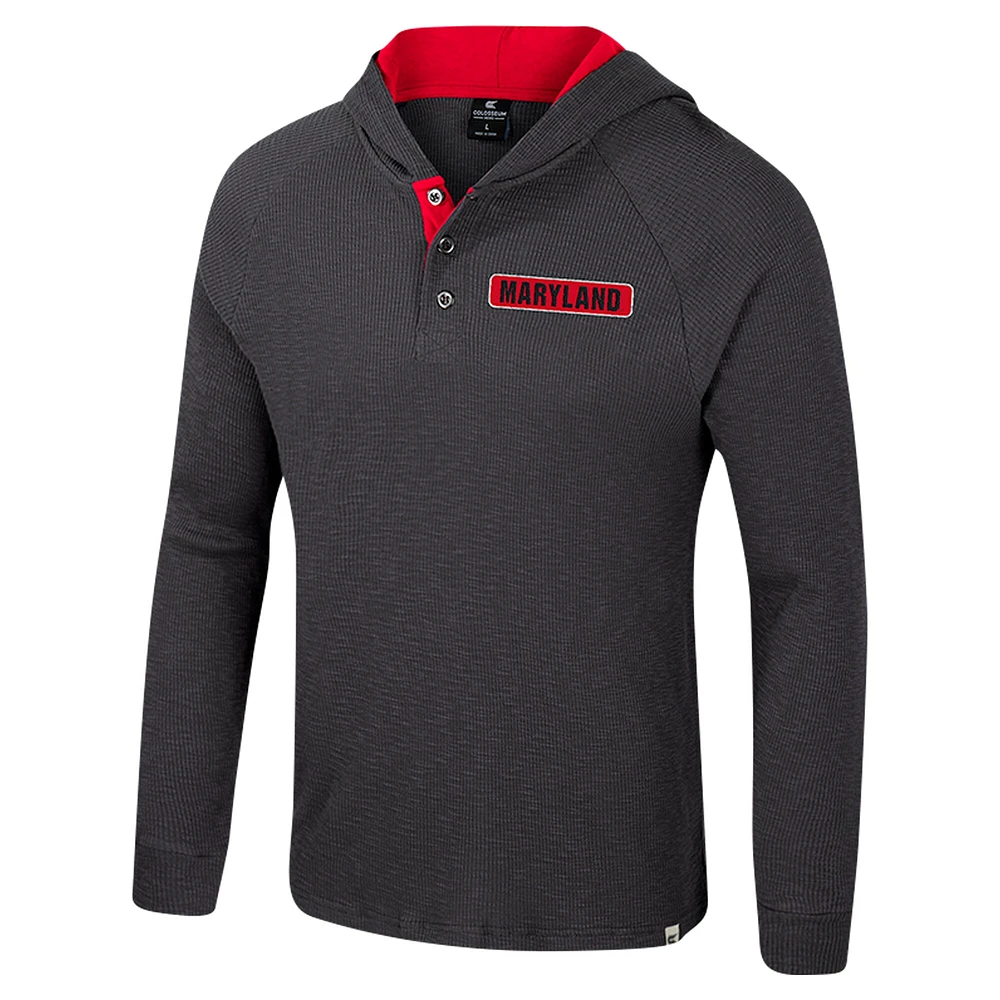 T-shirt à capuche manches longues Henley pour homme Colosseum Charcoal Maryland Terrapins Dujour Ralgan