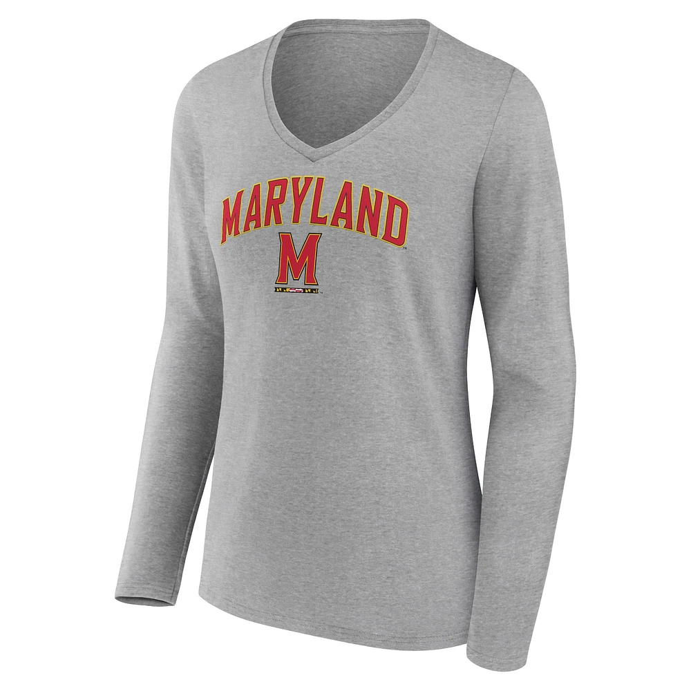 Women's Fanatics Heather Gray Maryland Terrapins Campus Long Sleeve V-Neck T-Shirt