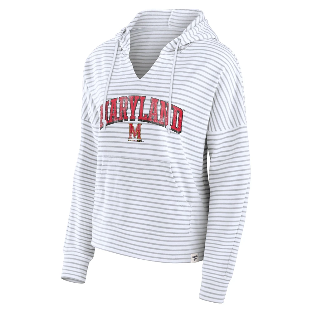 Women's Fanatics White/Gray Maryland Terrapins Arch Logo Striped Notch Neck Pullover Hoodie