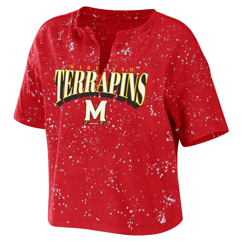 Women's WEAR by Erin Andrews Red Maryland Terrapins Bleach Wash Splatter Cropped Notch Neck T-Shirt
