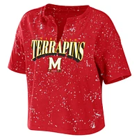 Women's WEAR by Erin Andrews Red Maryland Terrapins Bleach Wash Splatter Cropped Notch Neck T-Shirt