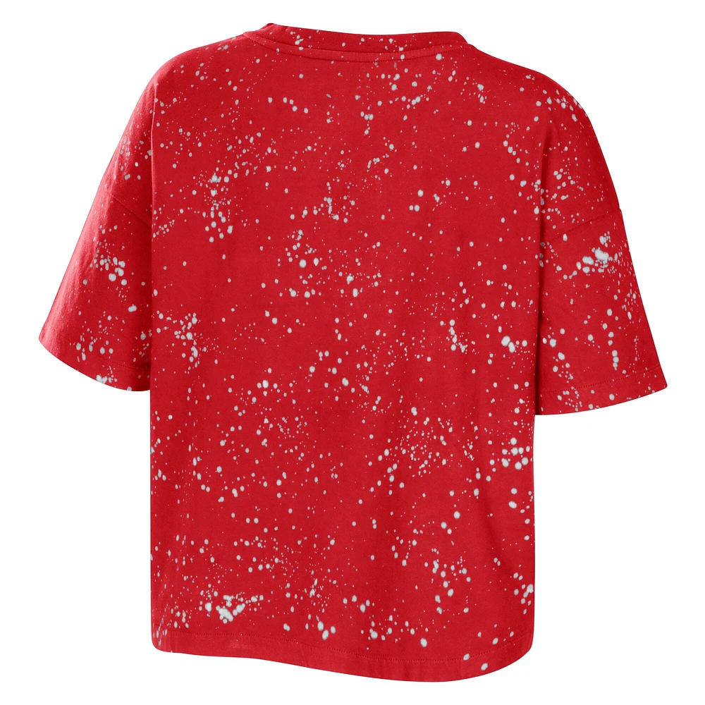 Women's WEAR by Erin Andrews Red Maryland Terrapins Bleach Wash Splatter Cropped Notch Neck T-Shirt