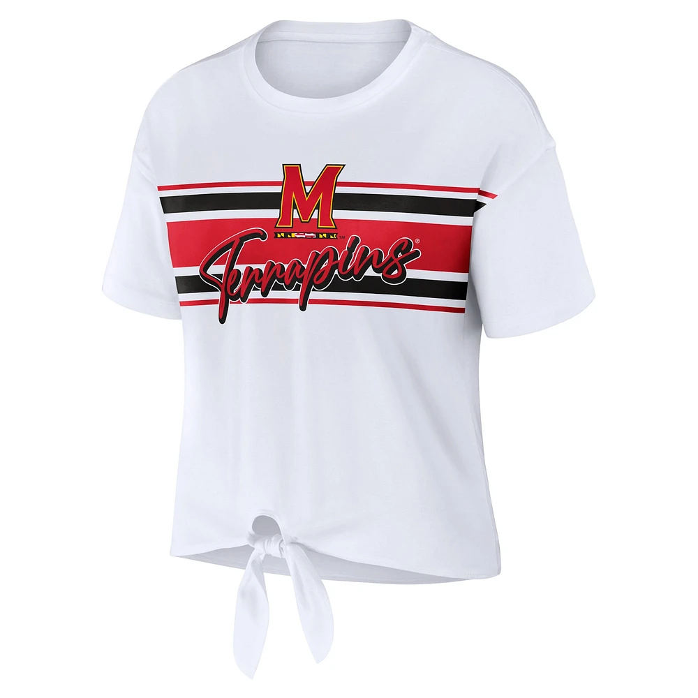 Women's WEAR by Erin Andrews White Maryland Terrapins Striped Front Knot Cropped T-Shirt