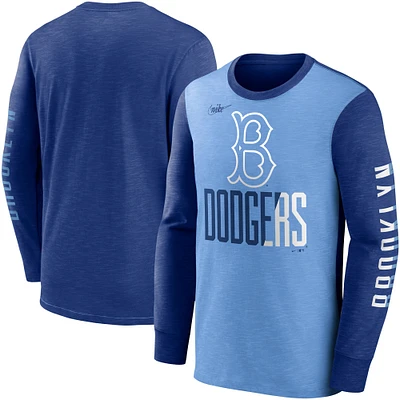 T-shirt à manches longues Nike Royal/Bleu clair Los Angeles Dodgers Cooperstown Collection Rewind Splitter Slub