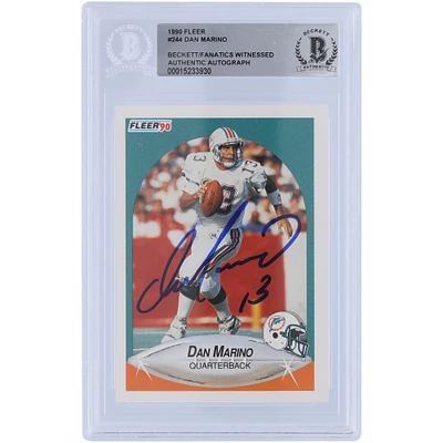 Carte autographiée de 1990 Fleer #244 Beckett par les Miami Dolphins de Dan Marino, carte authentifiée par des fanatiques de Beckett