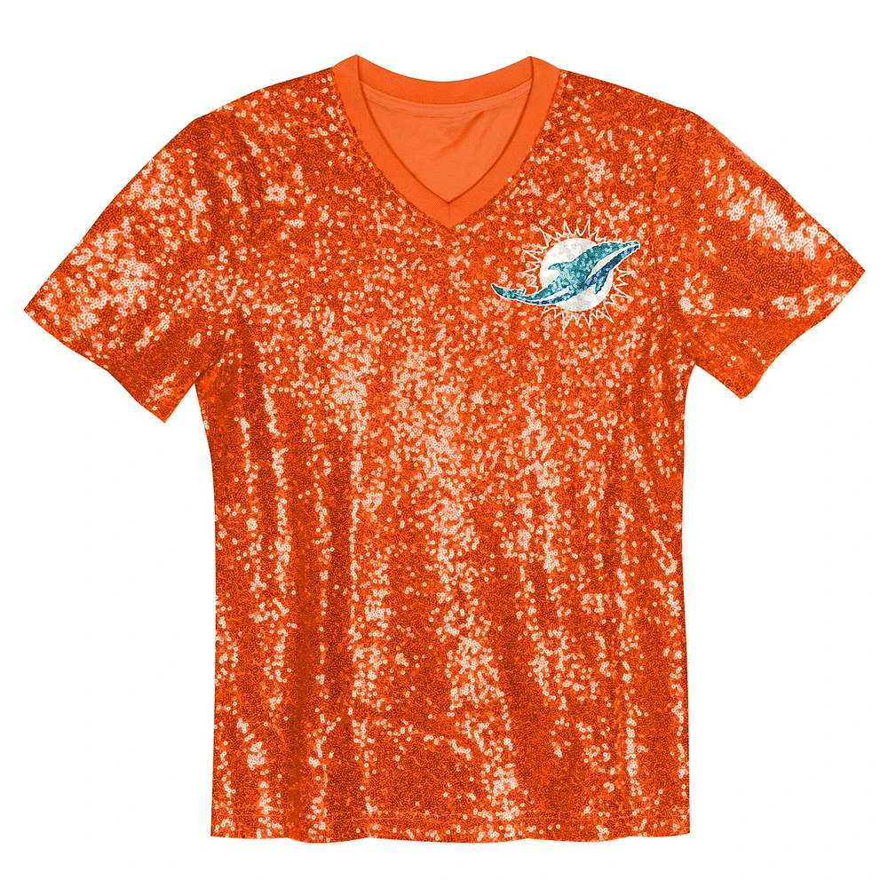 Girls Youth Tyreek Hill Orange Miami Dolphins Sequin V-Neck Fashion Jersey