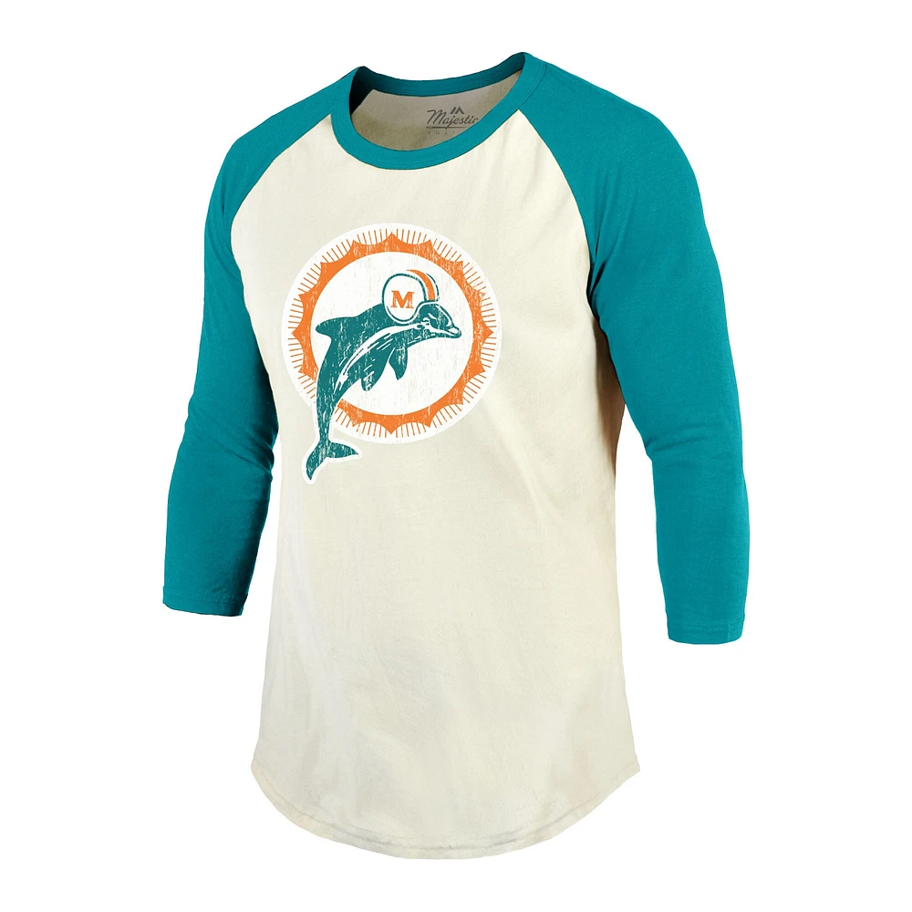 T-shirt à manches raglan 3/4 pour hommes Majestic Threads Dan Marino crème/aqua Miami Dolphins, nom et numéro de joueur retraité
