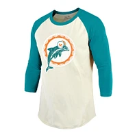 T-shirt à manches raglan 3/4 pour hommes Majestic Threads Dan Marino crème/aqua Miami Dolphins, nom et numéro de joueur retraité