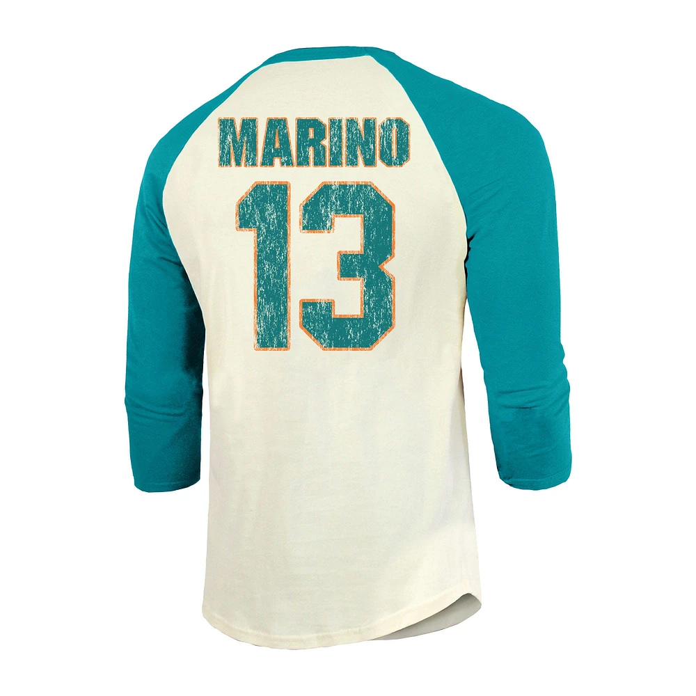 T-shirt à manches raglan 3/4 pour hommes Majestic Threads Dan Marino crème/aqua Miami Dolphins, nom et numéro de joueur retraité