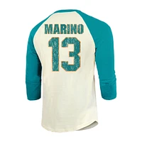 T-shirt à manches raglan 3/4 pour hommes Majestic Threads Dan Marino crème/aqua Miami Dolphins, nom et numéro de joueur retraité