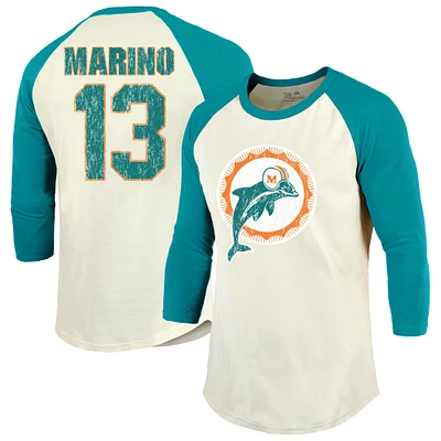 T-shirt à manches raglan 3/4 pour hommes Majestic Threads Dan Marino crème/aqua Miami Dolphins, nom et numéro de joueur retraité