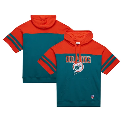 Men's Mitchell & Ness Aqua Miami Dolphins  Off Field Vintage Logo Short Sleeve Pullover Hoodie