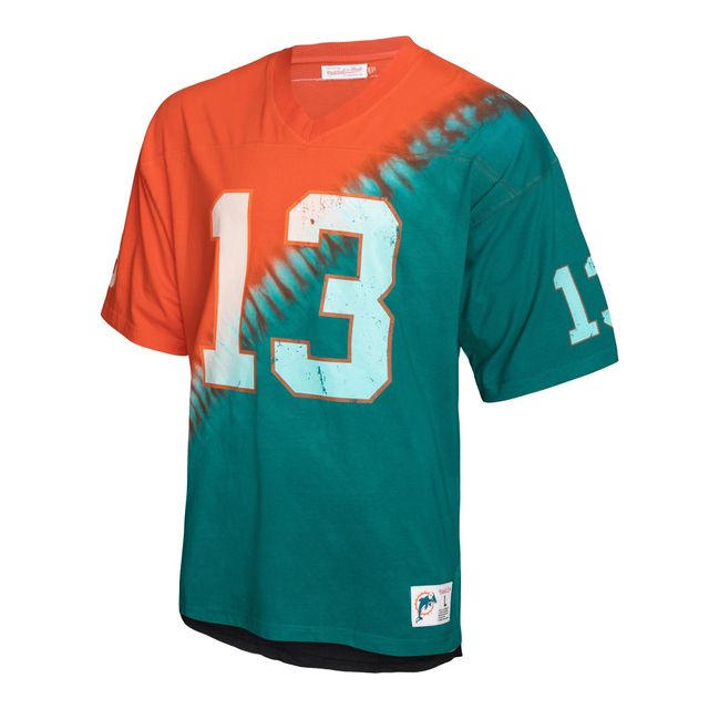 T-shirt à encolure en V pour homme Mitchell & Ness Dan Marino Aqua/Orange Miami Dolphins Retired Player Name Number Diagonal Tie-Dye