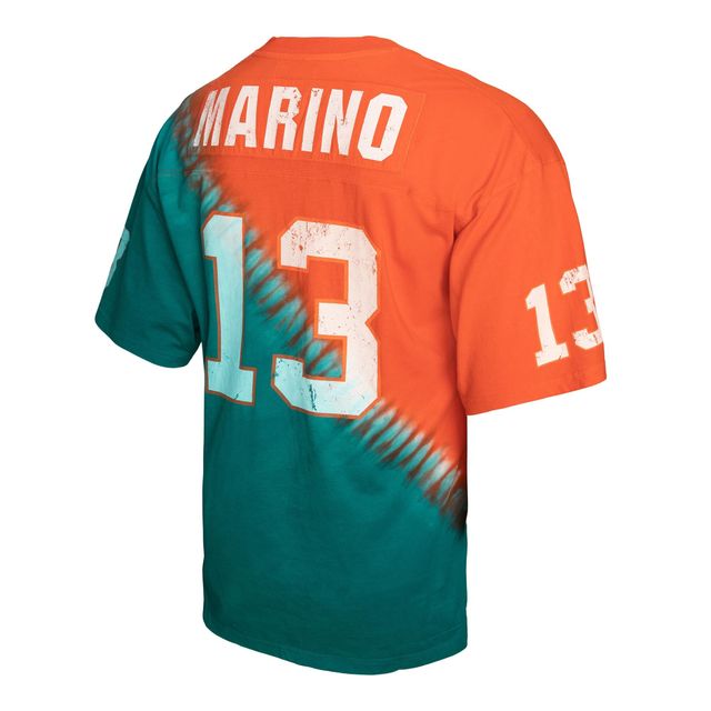 T-shirt à encolure en V pour homme Mitchell & Ness Dan Marino Aqua/Orange Miami Dolphins Retired Player Name Number Diagonal Tie-Dye