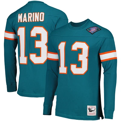 Haut à manches longues Mitchell & Ness Dan Marino Aqua Miami Dolphins Throwback Retired Player Name Number pour homme