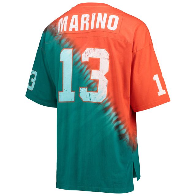 Mitchell & Ness pour hommes Dan Marino orange/Aqua Miami Dolphins Nom et numéro du joueur retraité Diagonal Tie-Dye T-shirt à col en V