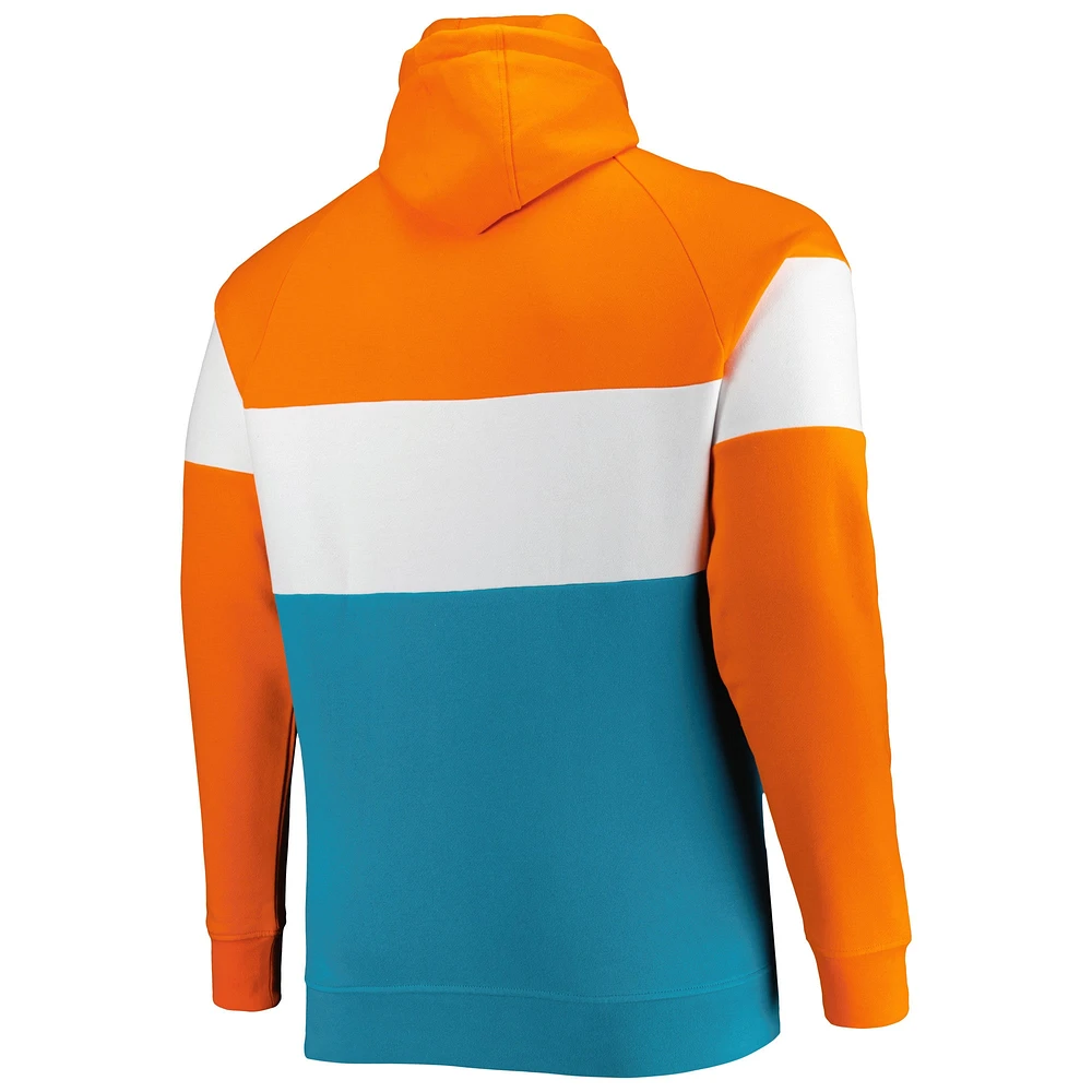 Men's New Era Aqua Miami Dolphins Big & Tall Throwback Colorblock Raglan Pullover Hoodie