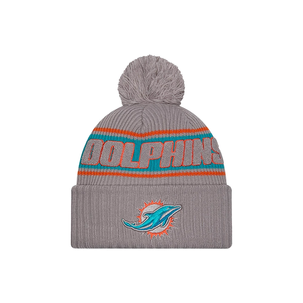 Men's New Era  Gray Miami Dolphins 2024 Sideline Sport Cuffed Knit Hat with Pom