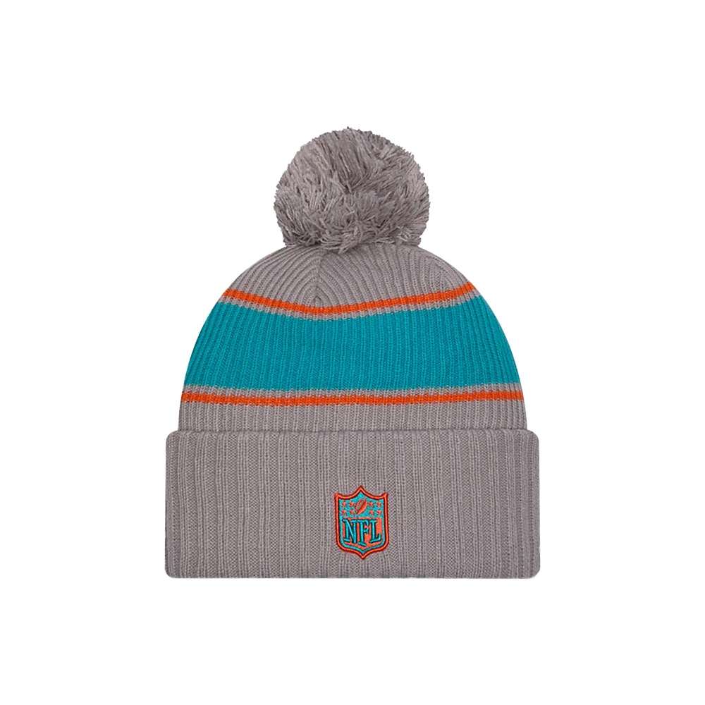 Men's New Era  Gray Miami Dolphins 2024 Sideline Sport Cuffed Knit Hat with Pom