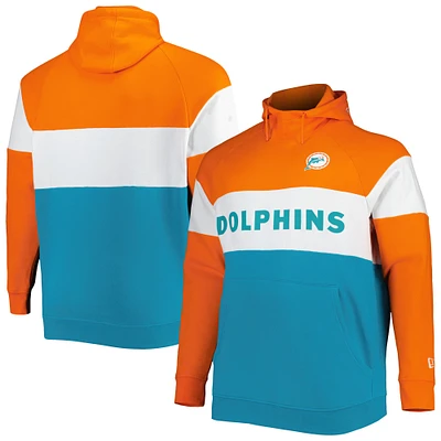 Men's New Era Orange/Aqua Miami Dolphins Big & Tall Throwback Colorblock Fleece Raglan Pullover Hoodie