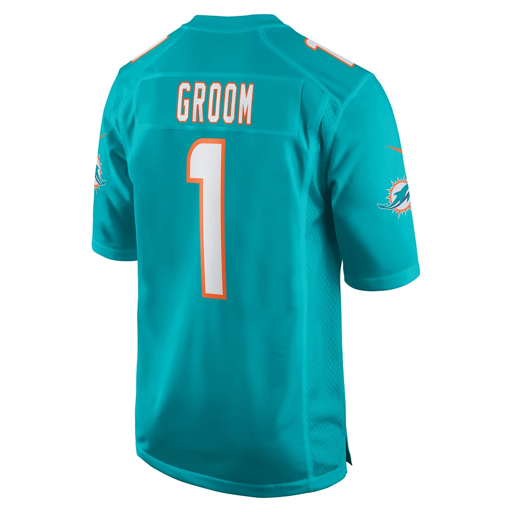 Men's Nike Number 1 Groom Aqua Miami Dolphins Game Jersey