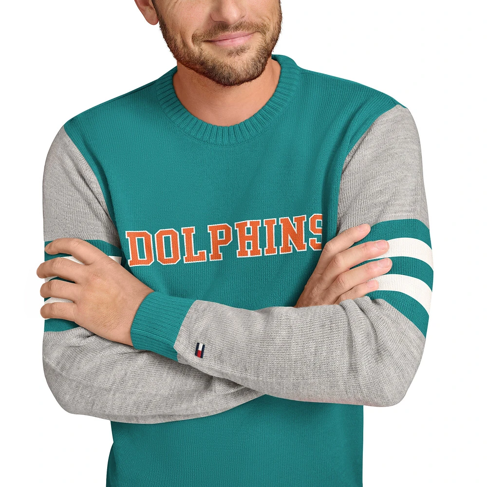 Men's Tommy Hilfiger Aqua/Heather Gray Miami Dolphins Acrylic Crewneck Pullover Sweatshirt