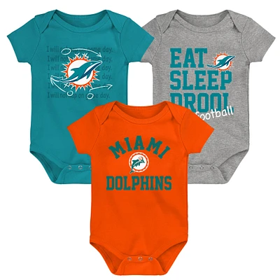 Lot de trois bodys rétro Eat, Sleep & Drool pour nouveau-nés et nourrissons Aqua/Orange/Gris chiné Miami Dolphins