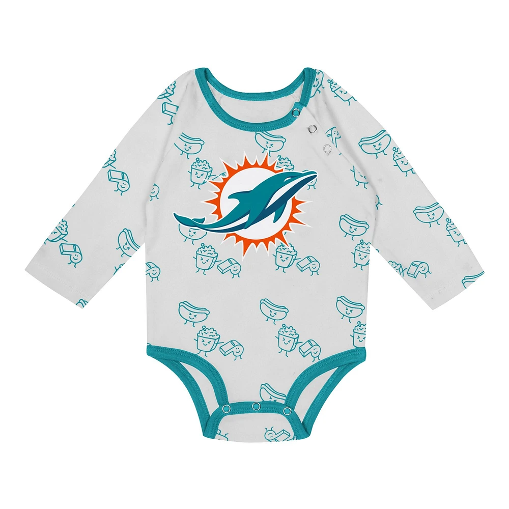 Ensemble 3 pièces pour nouveau-né et bébé Miami Dolphins Little Champ, body à manches longues, pantalon bonnet revers