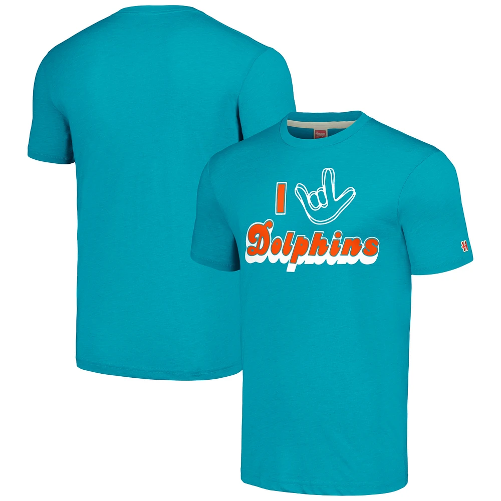 Hommage unisexe aux Dolphins de Miami, bleu sarcelle, collection NFL ASL par Love Sign T-shirt triple mélange