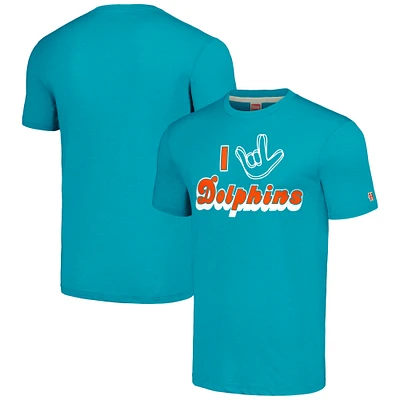 Hommage unisexe aux Dolphins de Miami, bleu sarcelle, collection NFL ASL par Love Sign T-shirt triple mélange
