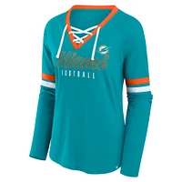 Women's Fanatics Aqua Miami Dolphins Won and Done Lace-Up Raglan T-Shirt