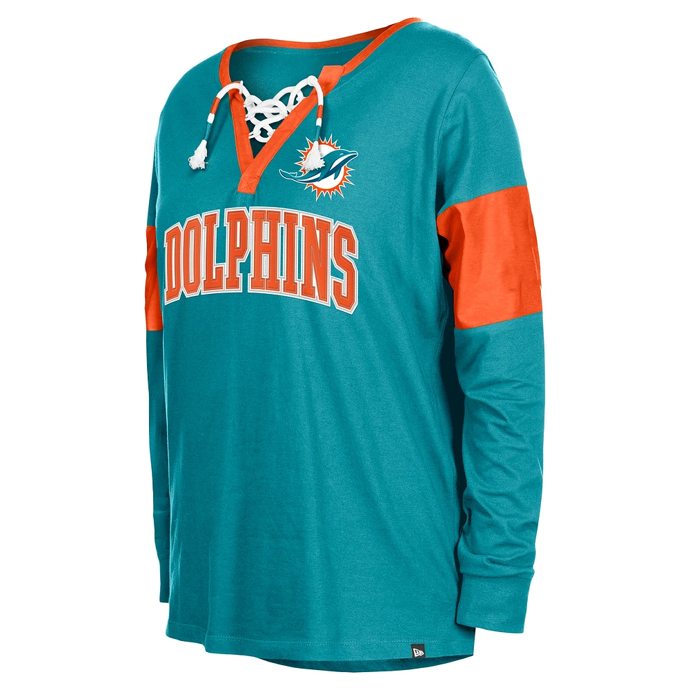 Women's New Era Aqua Miami Dolphins Lace-Up Notch-Neck Long Sleeve T-Shirt