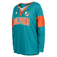Women's New Era Aqua Miami Dolphins Lace-Up Notch-Neck Long Sleeve T-Shirt