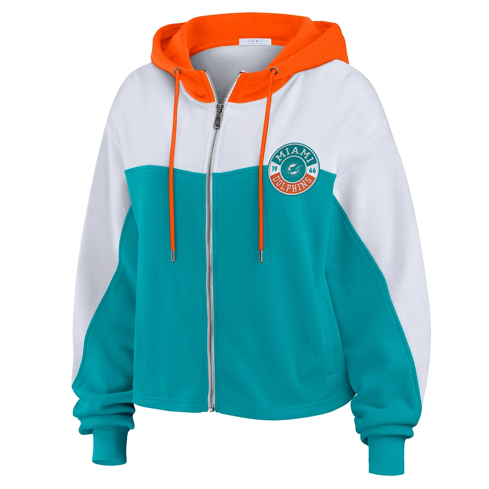 Sweat à capuche zippé color block bleu/blanc pour femme WEAR by Erin Andrews des Miami Dolphins