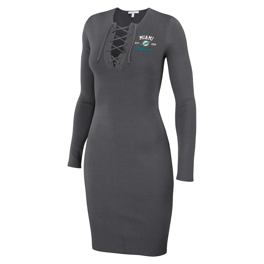 Women's WEAR by Erin Andrews Charcoal Miami Dolphins Lace Up Long Sleeve Dress