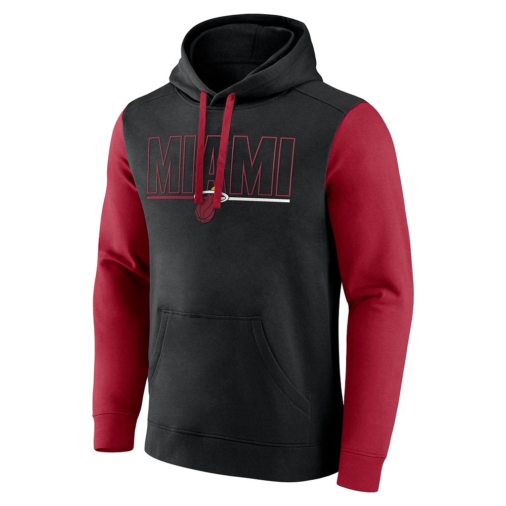 Men's Black Miami Heat Outline Colorblock Pullover Hoodie
