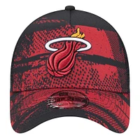 Men's New Era Black/Red Miami Heat Tip Off A-Frame Trucker 9FORTY Adjustable Hat
