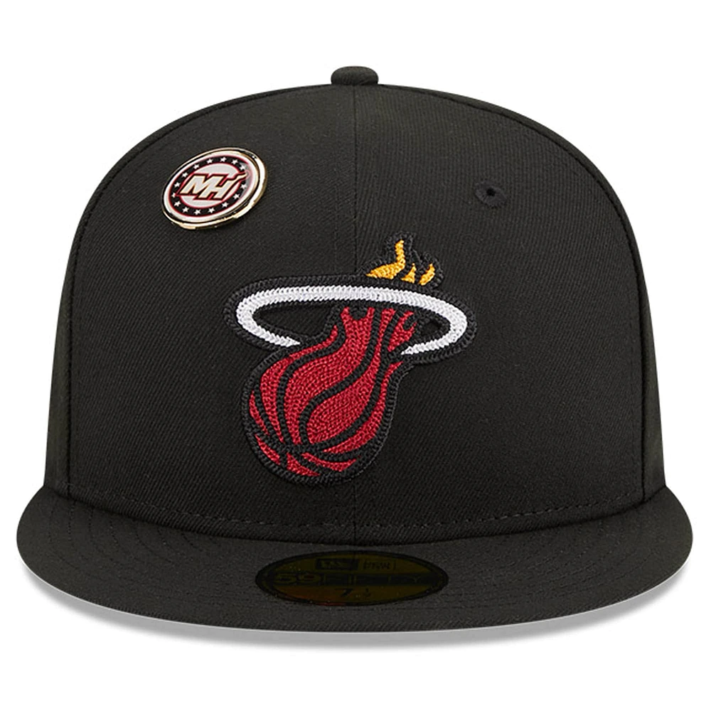 Men's New Era Black Miami Heat Chainstitch Logo Pin 59FIFTY Fitted Hat