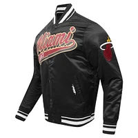 Men's Pro Standard Black Miami Heat Script Tail Full-Snap Satin Varsity Jacket