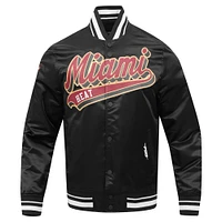 Men's Pro Standard Black Miami Heat Script Tail Full-Snap Satin Varsity Jacket