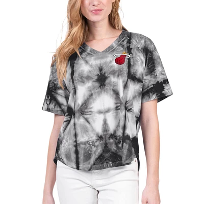T-shirt surdimensionné à col en V tie-dye raglan G-III 4Her par Carl Banks pour femmes, noir, Miami Heat Tournament