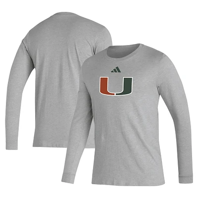 T-shirt d'avant-match à manches longues avec logo de casier principal adidas Miami Hurricanes pour hommes, gris
