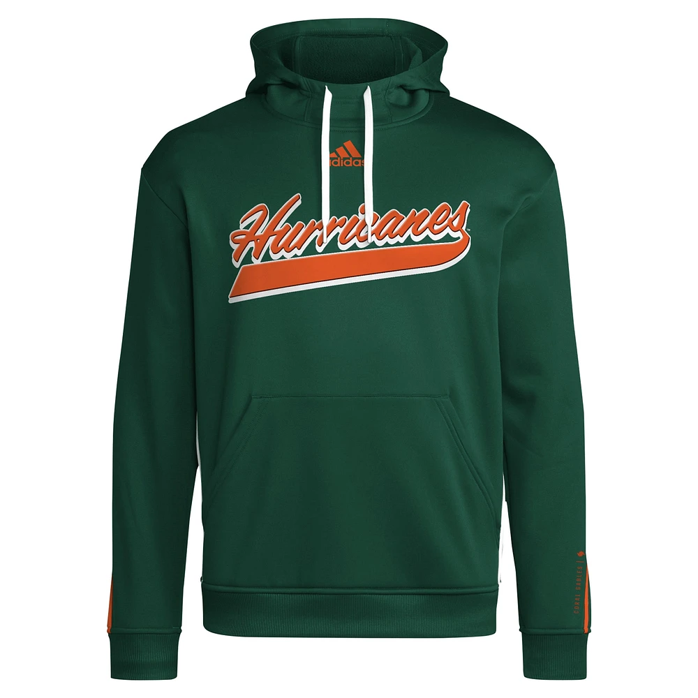 Men's adidas Green Miami Hurricanes 2024 Sideline Travel Pullover Hoodie