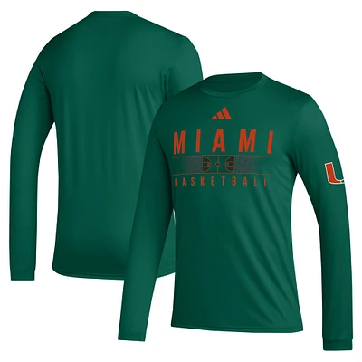 T-shirt à manches longues adidas pour hommes, vert, Miami Hurricanes, entraînement de basket-ball, avant-match, AEROREADY