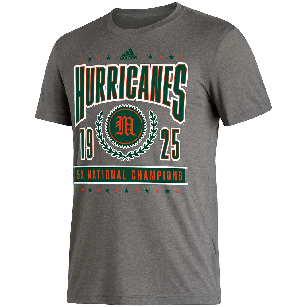 Men's adidas Heathered Charcoal Miami Hurricanes 5X National Champions Reminisce Tri-Blend T-Shirt