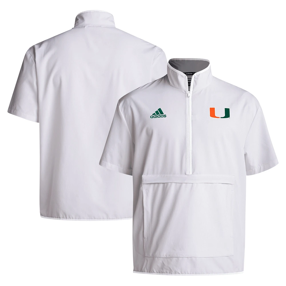 Men's adidas White Miami Hurricanes 2024 Coaches Sideline Half-Zip Short Sleeve Jacket