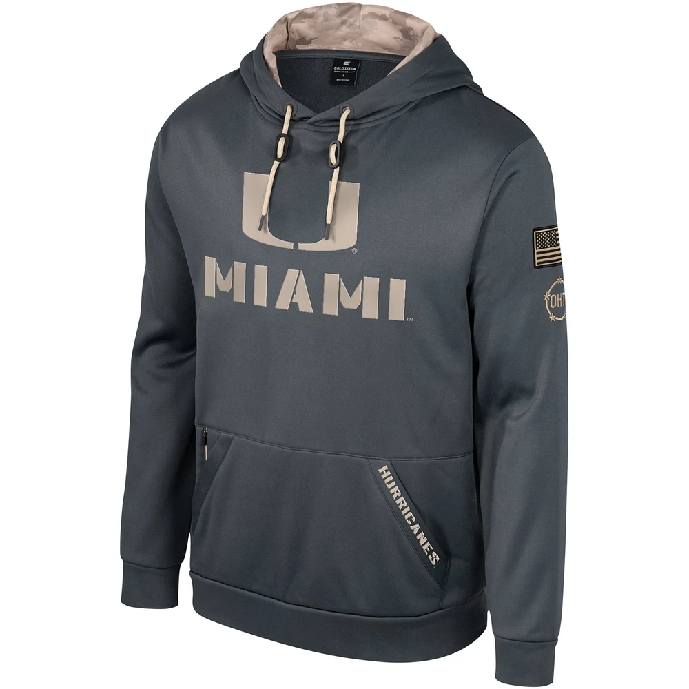 Sweat à capuche pour hommes Colosseum Charcoal Miami Hurricanes OHT Military Appréciation
