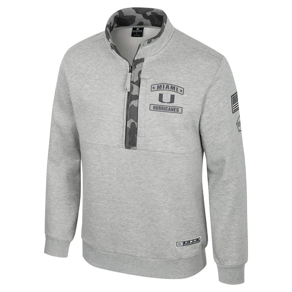 Men's Colosseum Heather Gray Miami Hurricanes OORAH OHT Military Appreciation Fleece Quarter-Zip Jacket